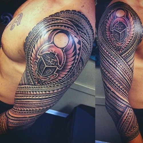 mens-polynesian-sleeve-with-scarab-design-tattoo-design-ideas